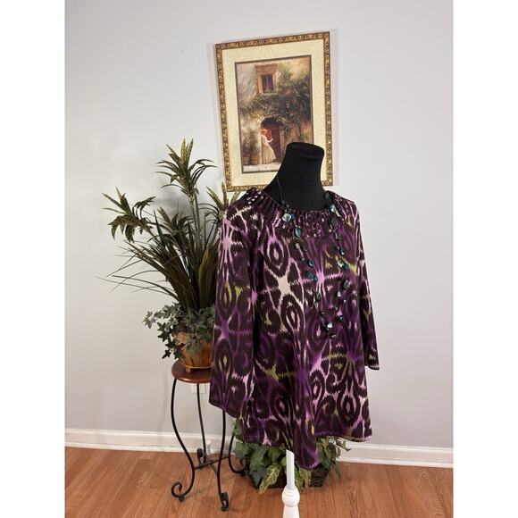 Multiples Women Top PXL 3/4 Sleeve Pullover Boho Tropical Vacation Resort Y2K - Picture 2 of 9